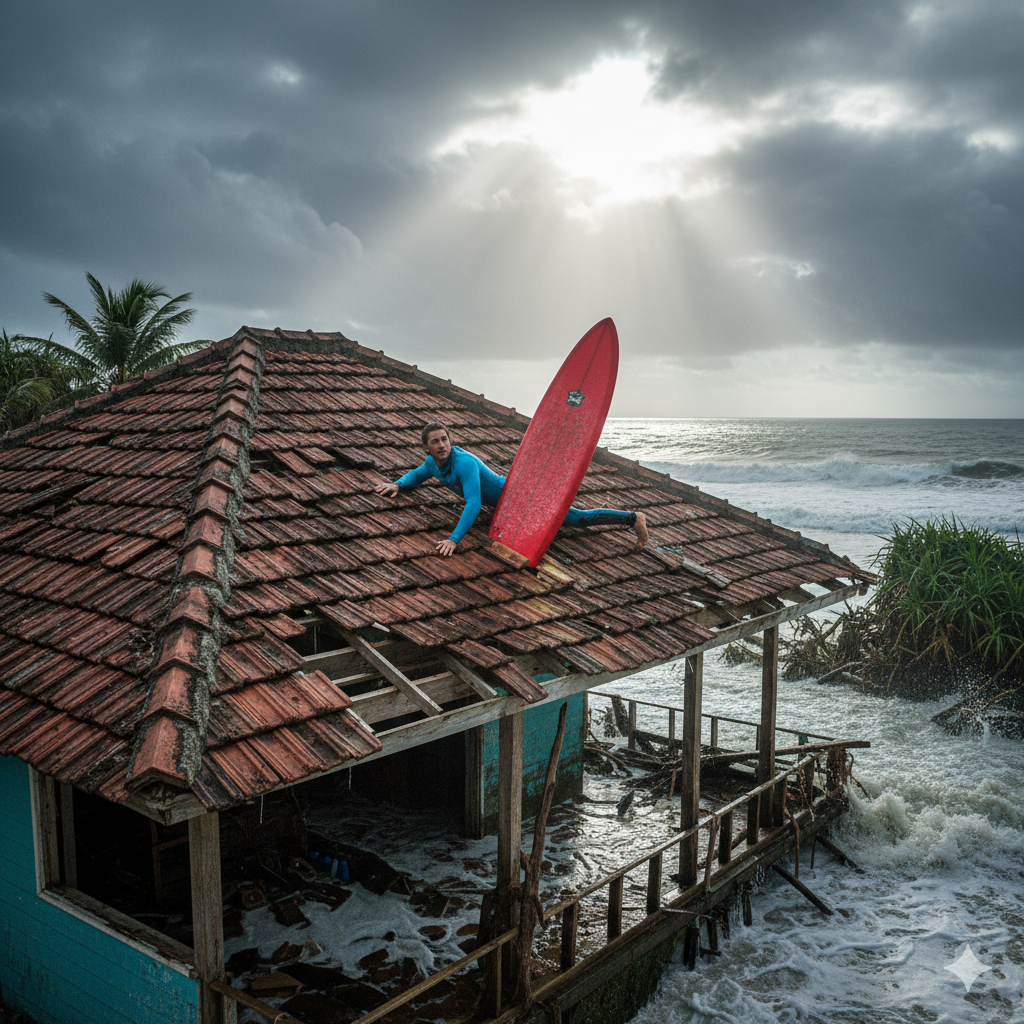 Spektakuläres Ende einer Todeswelle: Surfer landet auf Strandhaus-Dach